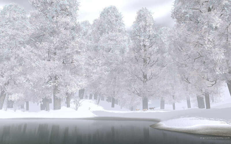 Snowy forest by a lake