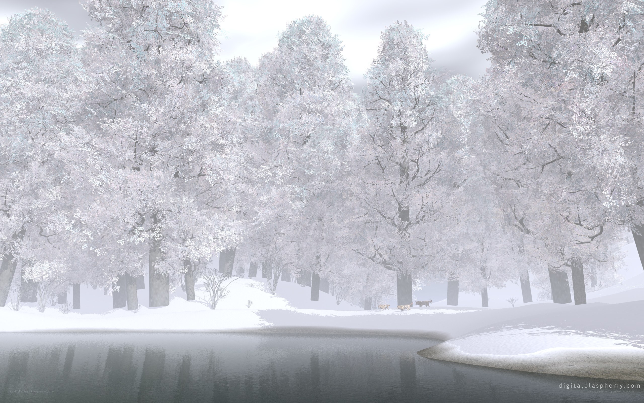 Snowy forest by a lake
