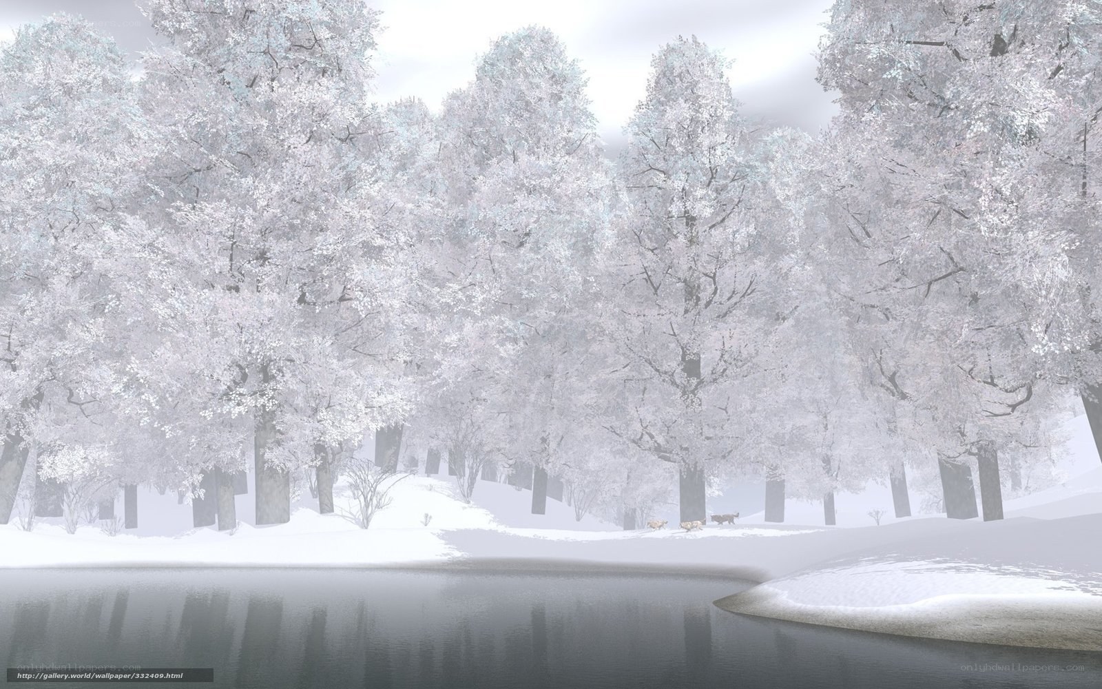 Snowy forest by the lake