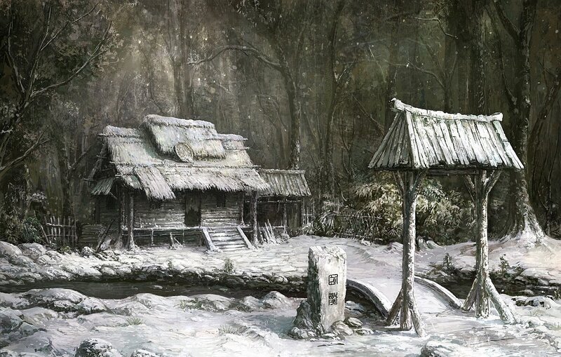 Snowy forest cabin scene