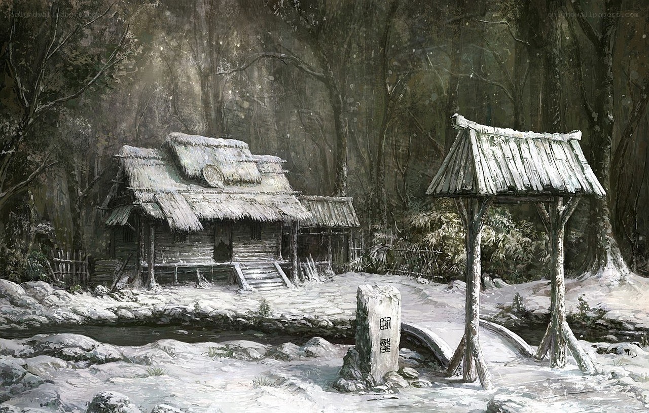 Snowy forest cabin scene