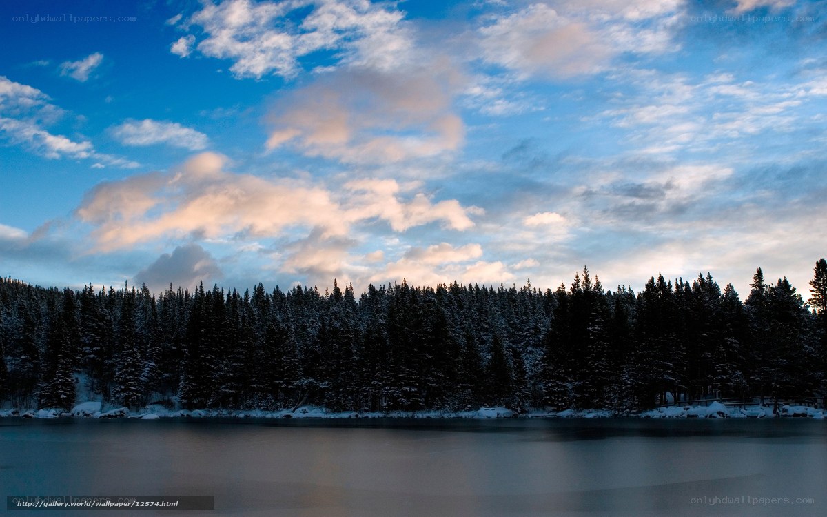 Snowy forest lake at dusk