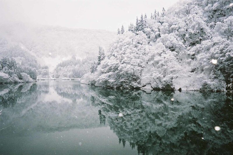 Snowy forest lake reflection