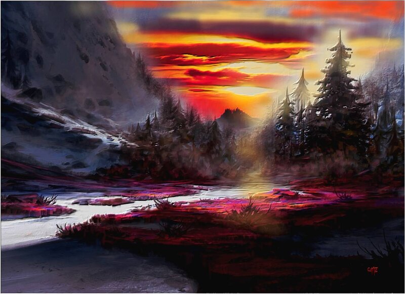 Snowy Forest Landscape — Red, Dramatic, Sunset