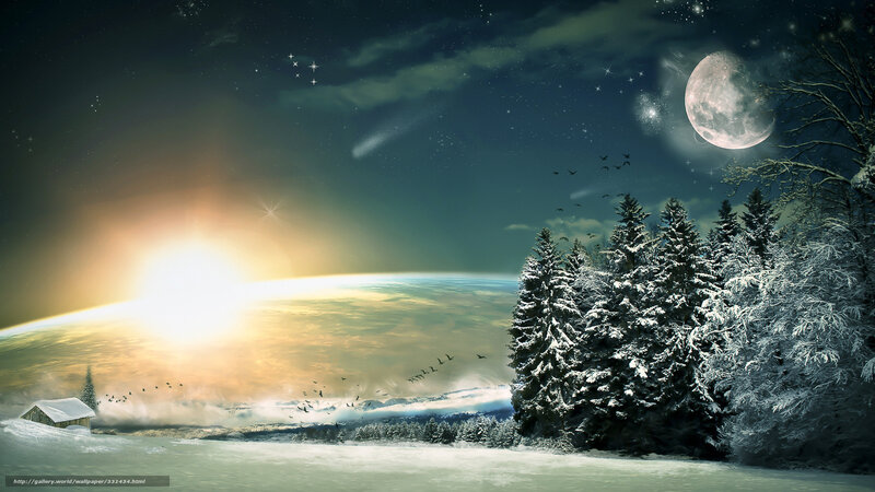 Snowy Forest Landscape — White, Serene, Night, Digital Art, Moon
