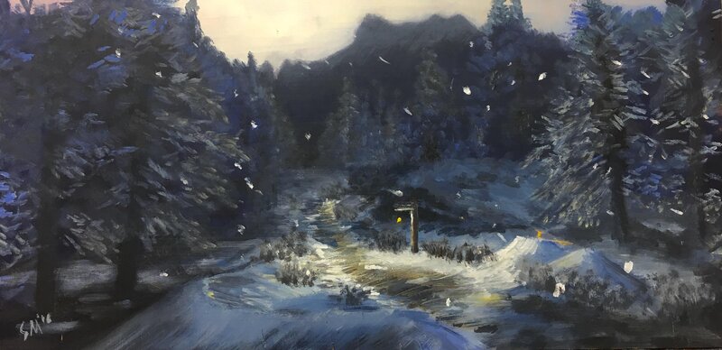 Snowy Forest Path — Blue, Serene, Winter, Painting