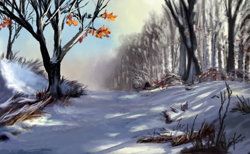 Snowy Forest Path — White, Serene, Winter, Digital Art