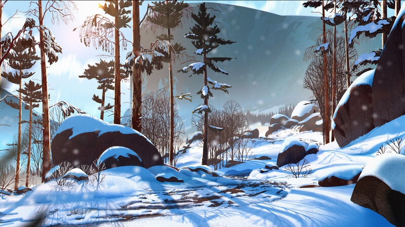 Snowy Forest Path — White, Serene, Winter, Digital Art, Trees