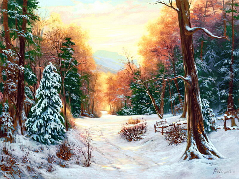 Snowy Forest Path — White, Serene, Winter, Painting, Trees, Fence