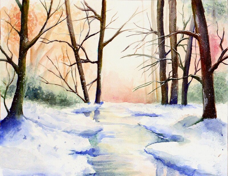 Snowy Forest Path — White, Serene, Winter, Painting, Trees