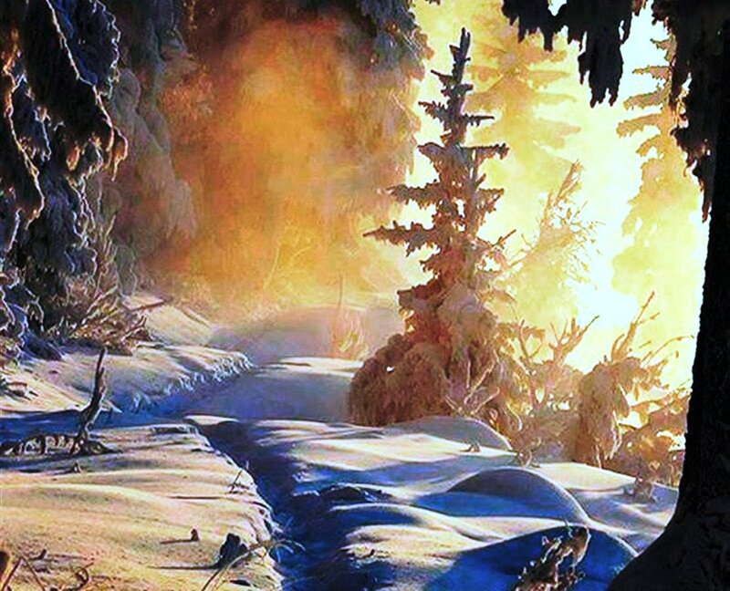 Snowy Forest Path — Yellow, Serene, Winter, Painting