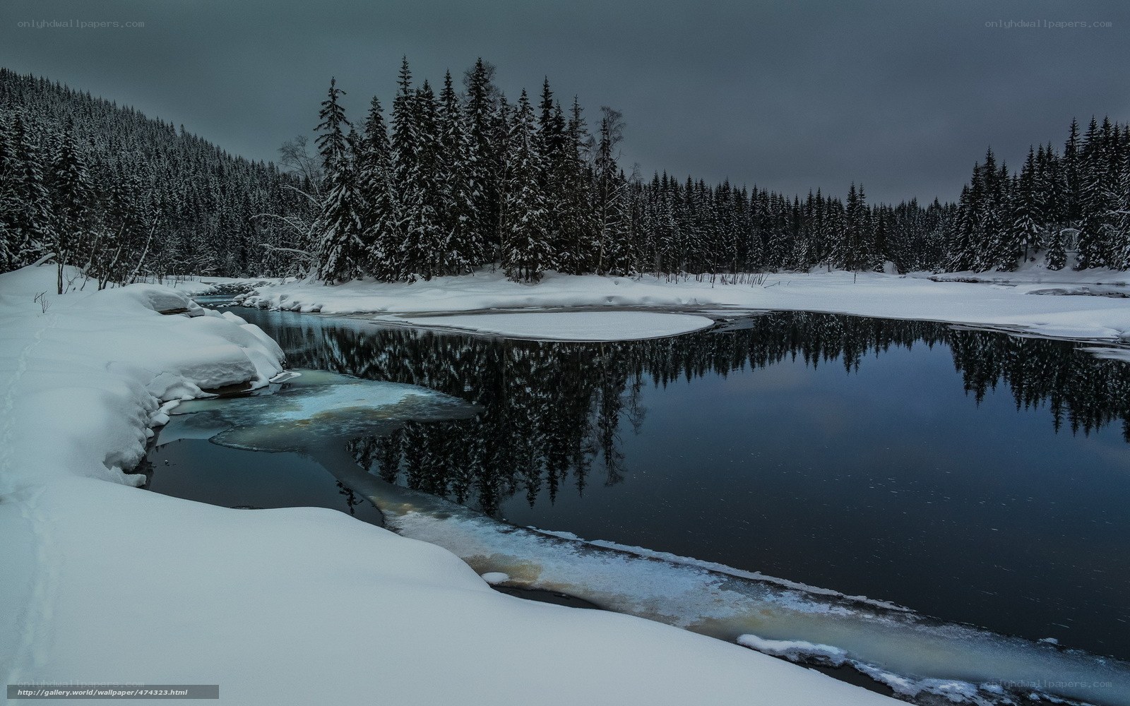 Snowy forest river at dusk