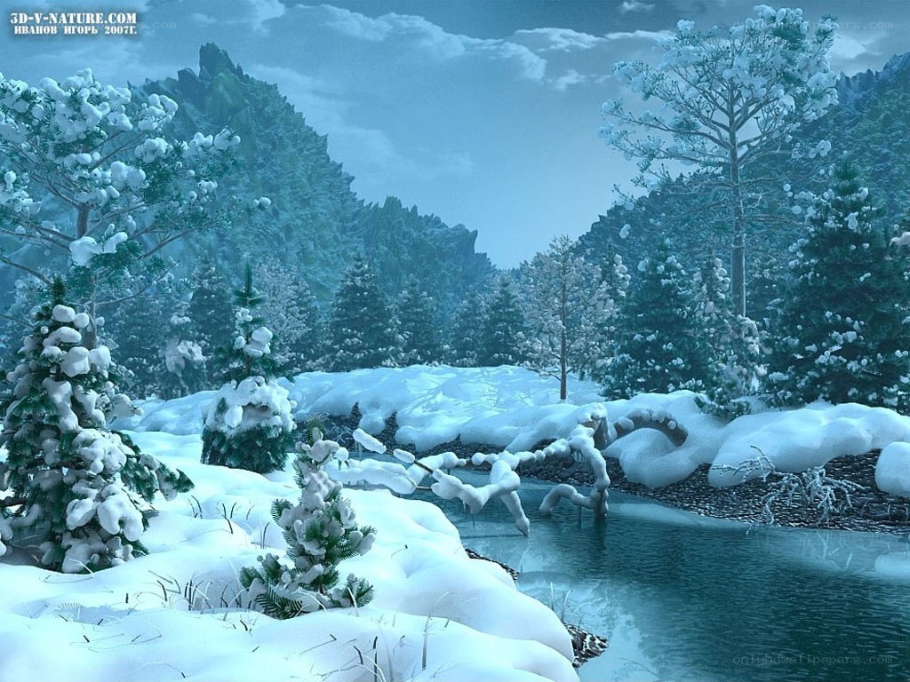 Snowy forest river landscape