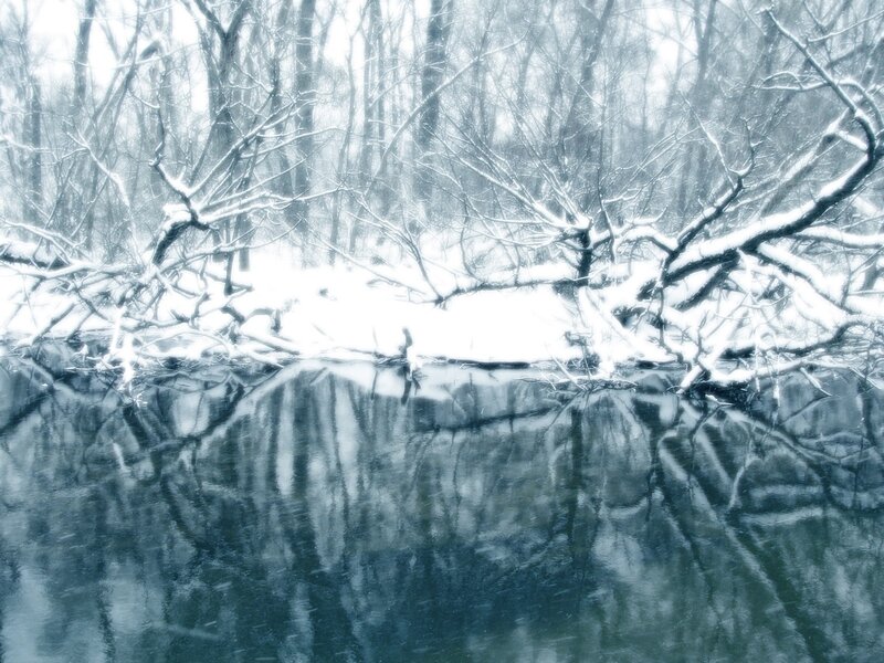 Snowy forest river reflection