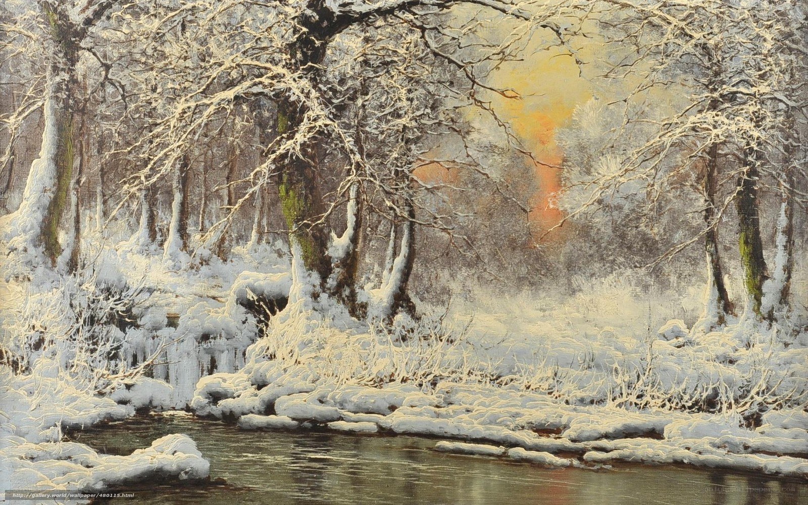 Snowy forest river scene