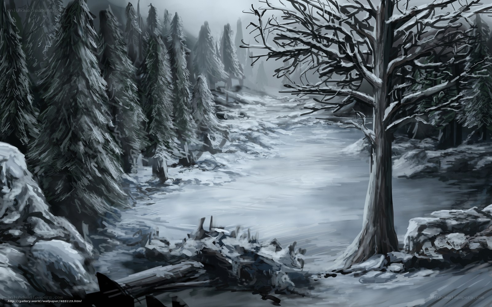 snowy forest river scene