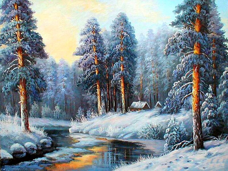 Snowy Forest River — White