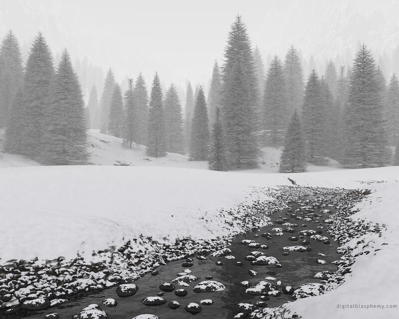 Snowy forest stream