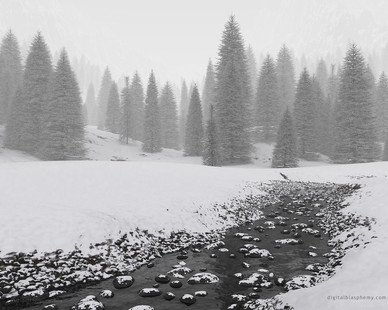 Snowy forest stream