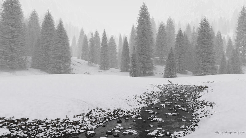 Snowy forest stream