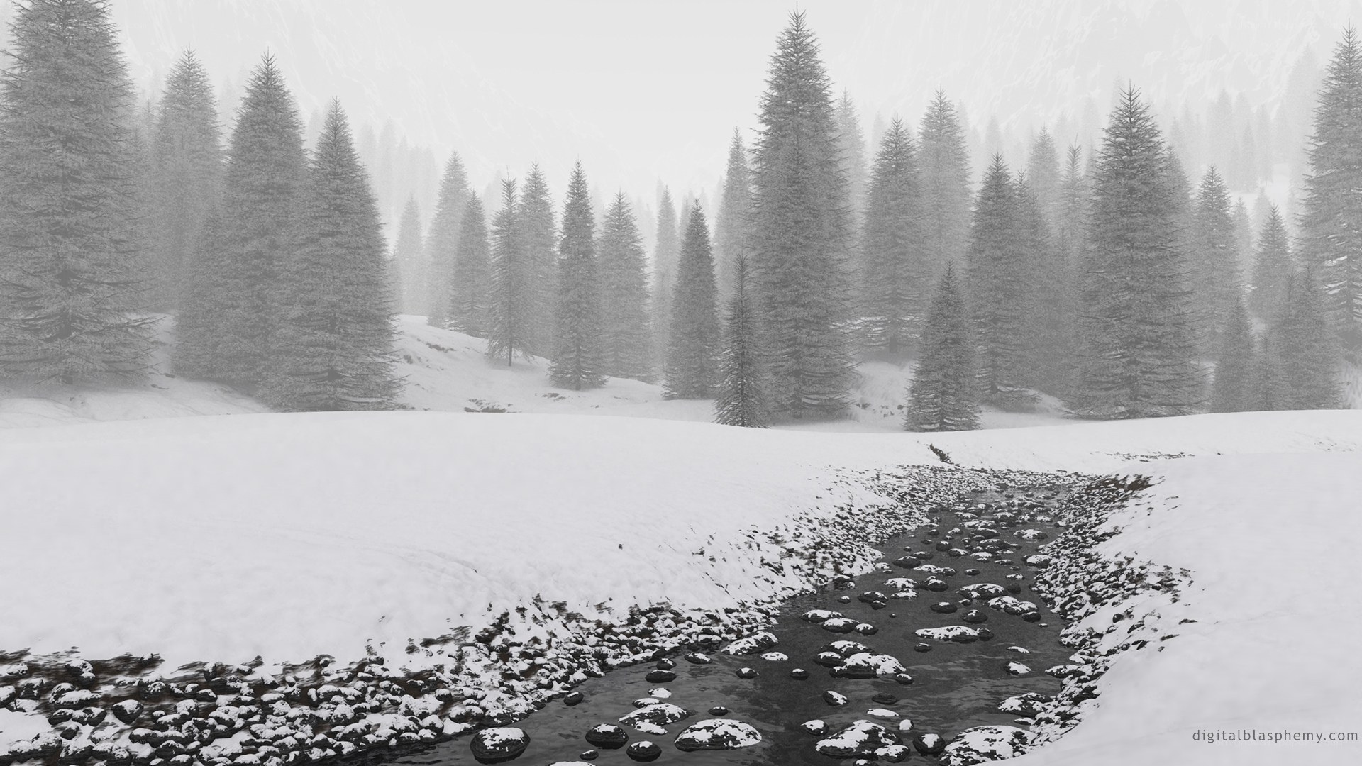 Snowy forest stream