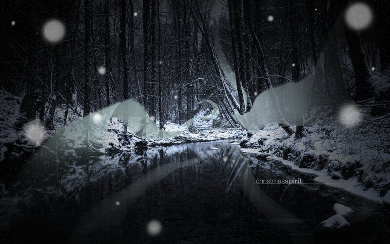 Snowy forest stream at night