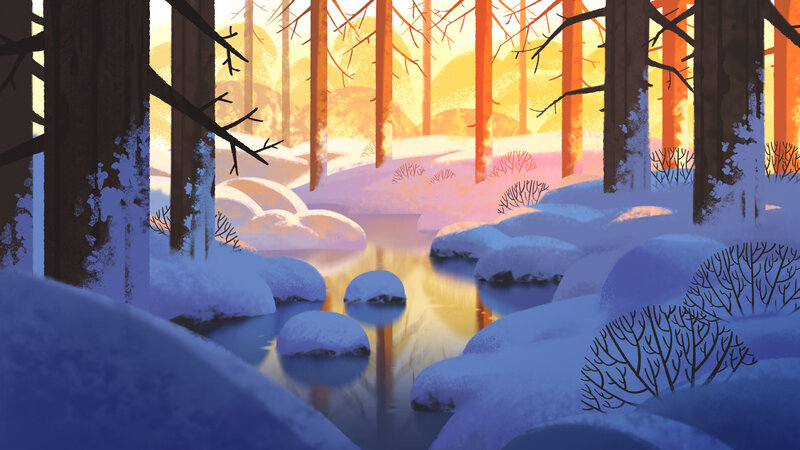 Snowy Forest Stream — Blue, Serene