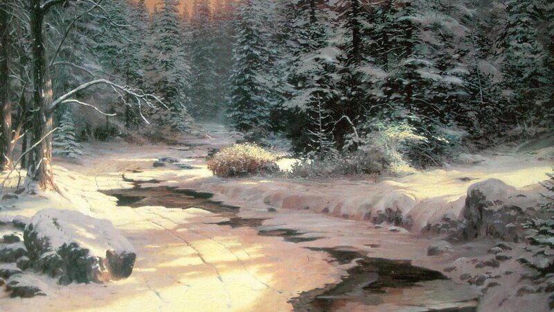Snowy Forest Stream — White, Serene, Winter, Painting