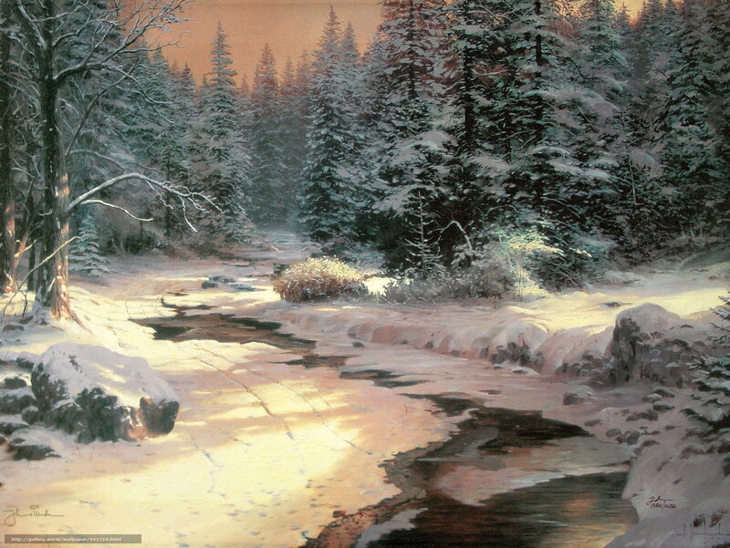 Snowy Forest Stream — White, Serene, Winter, Painting, Trees