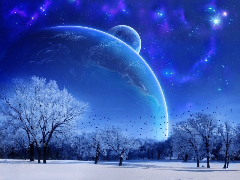 Snowy Forest under Alien Sky