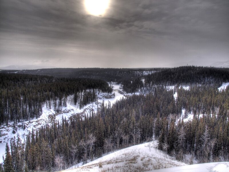 snowy forest valley under cloudy sky
