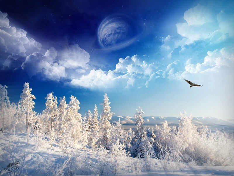 Snowy forest with alien planet