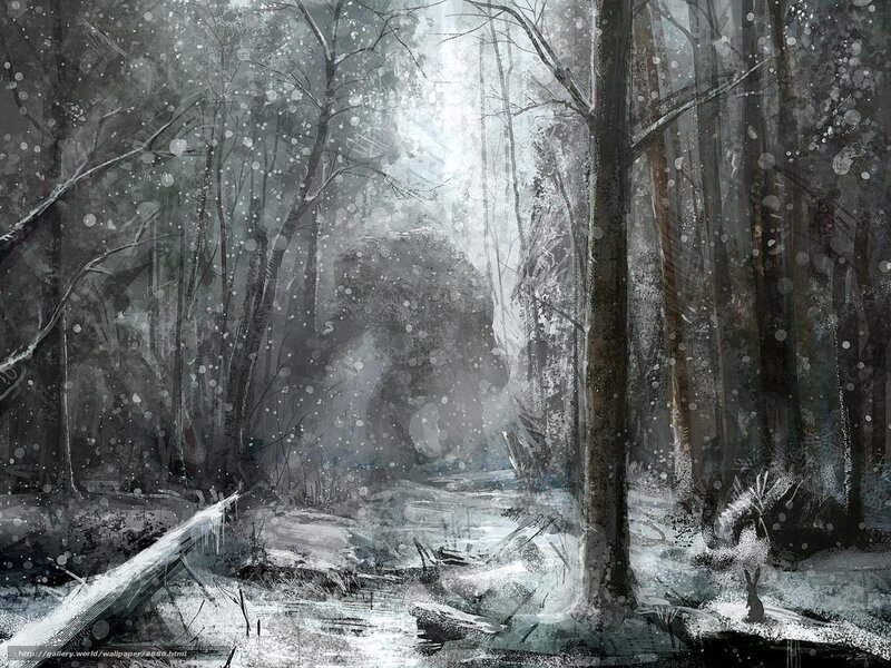 Snowy forest with falling snow