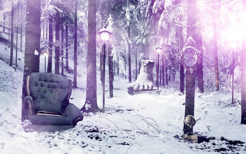Snowy forest with giant foot