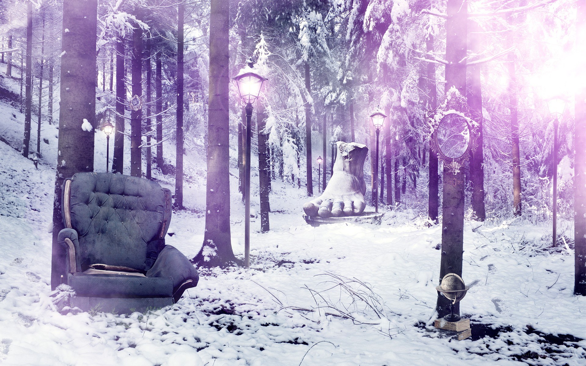 Snowy forest with giant foot