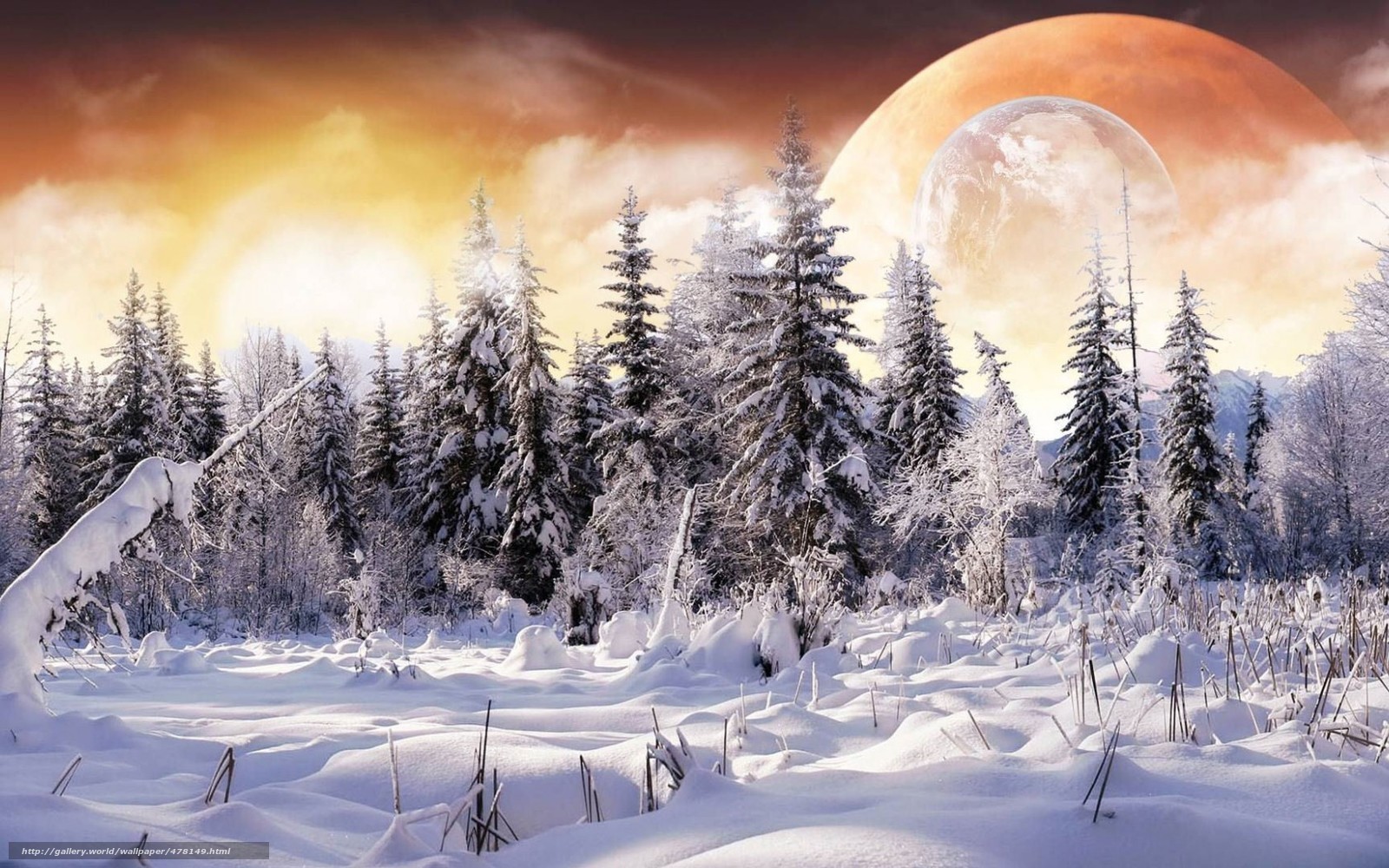 Snowy forest with giant planet