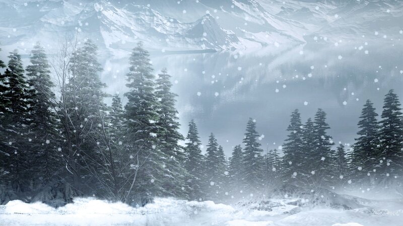Snowy Forest with Lake — White