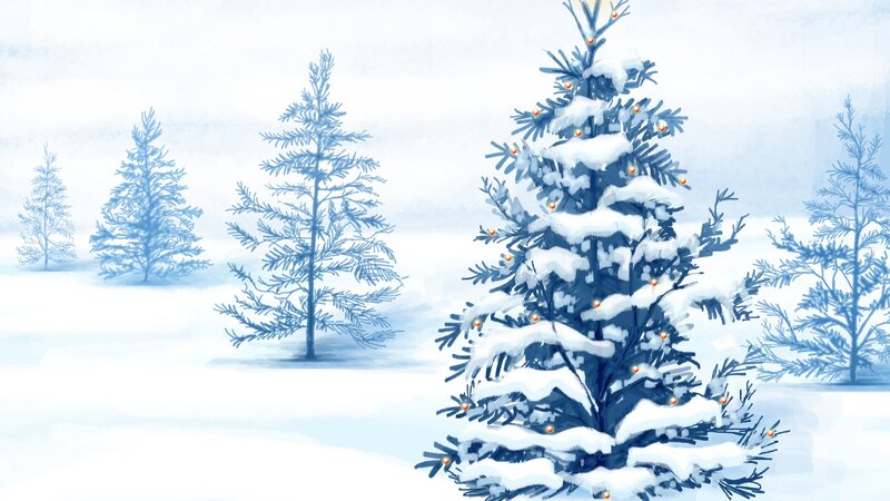 snowy forest with lit tree