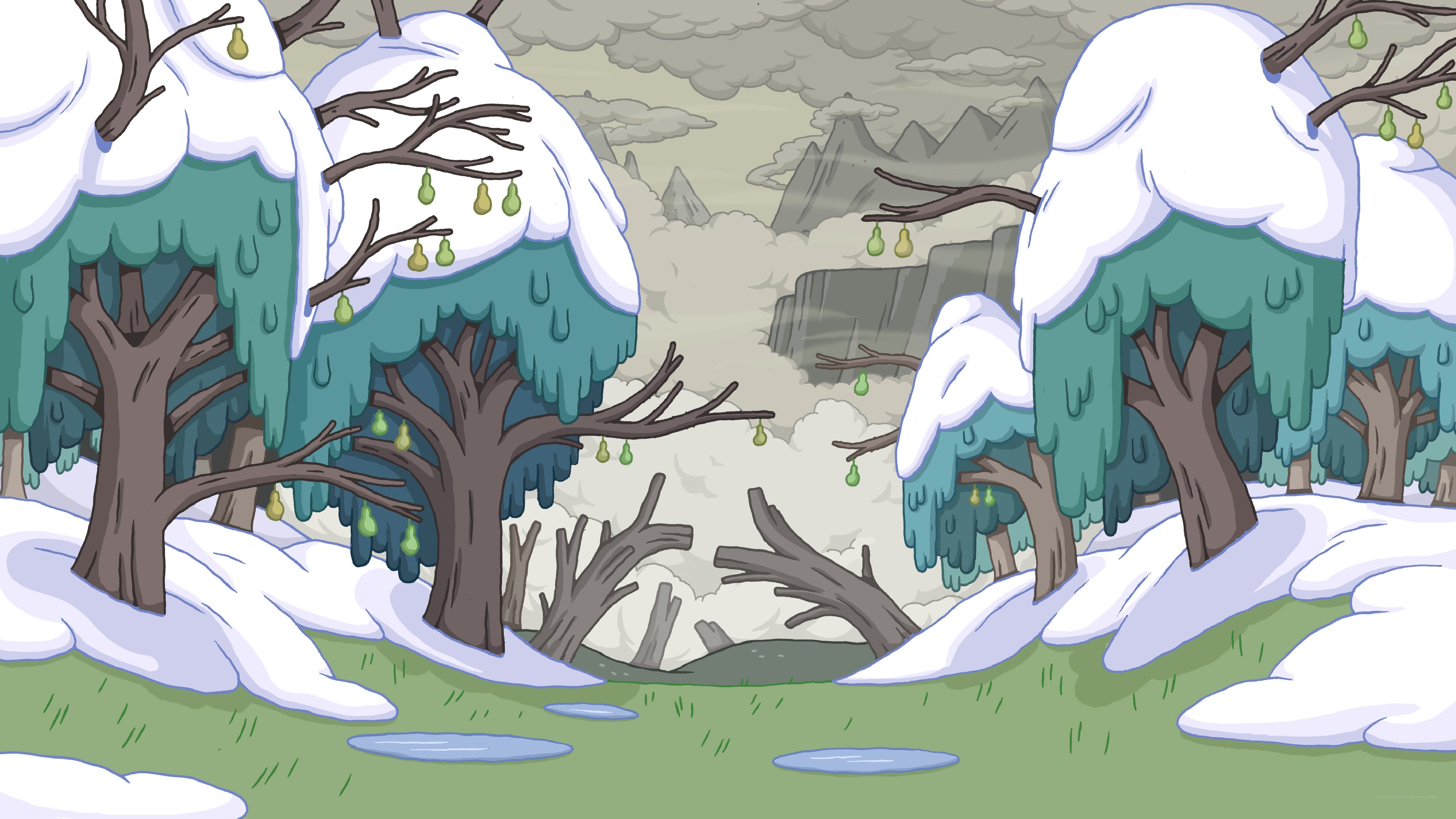 snowy forest with pear trees