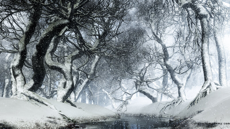 Snowy forest with river