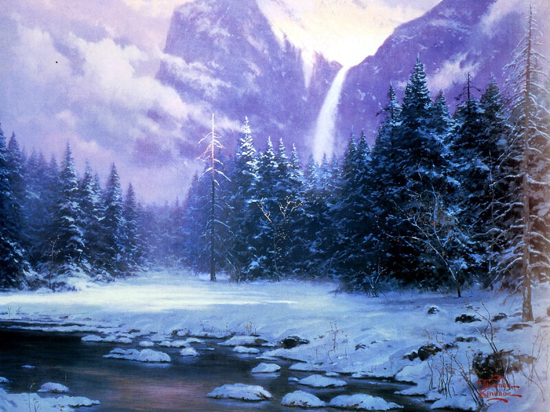 Snowy Forest with Waterfall