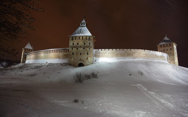 Snowy fortress at night