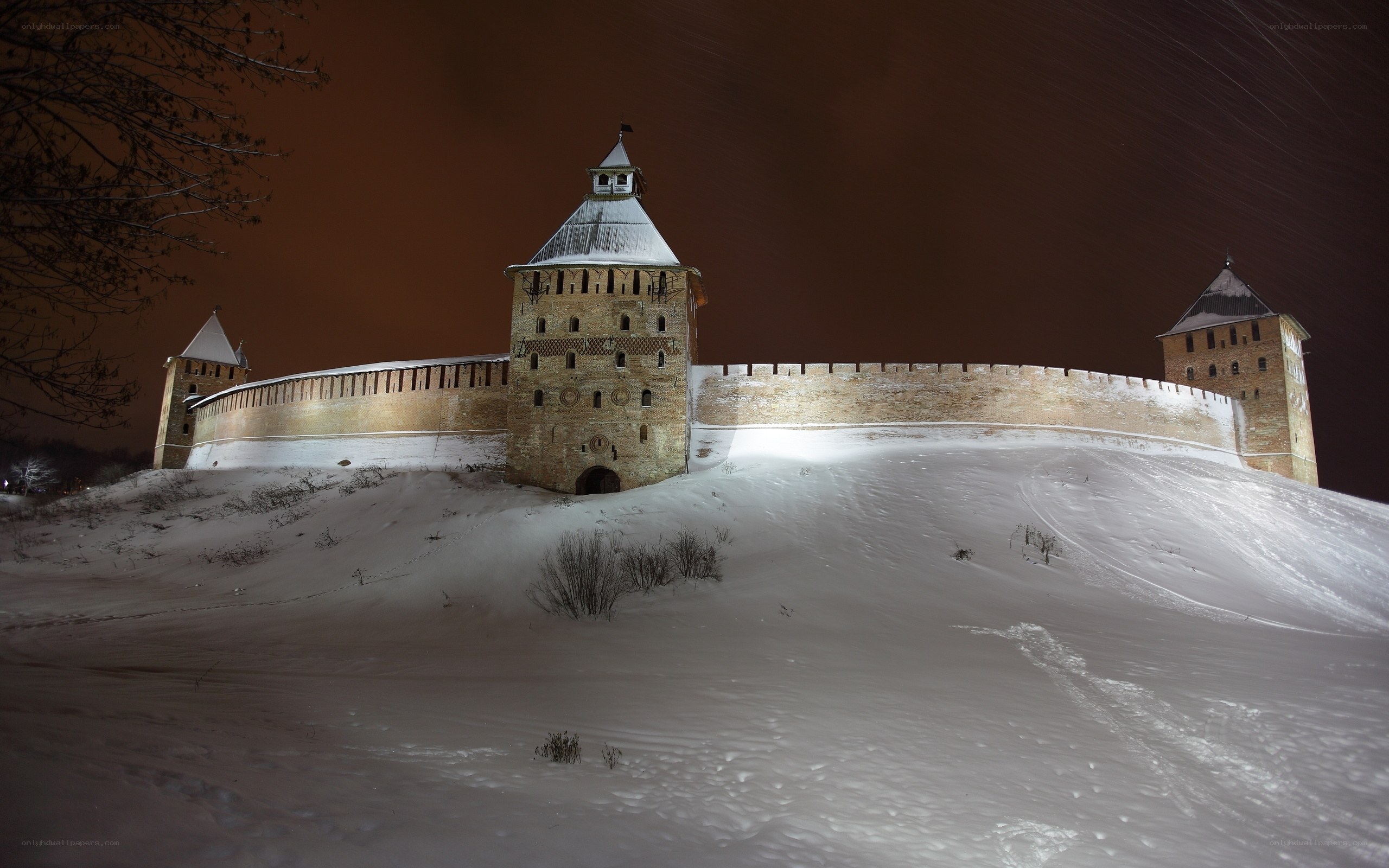 Snowy fortress at night