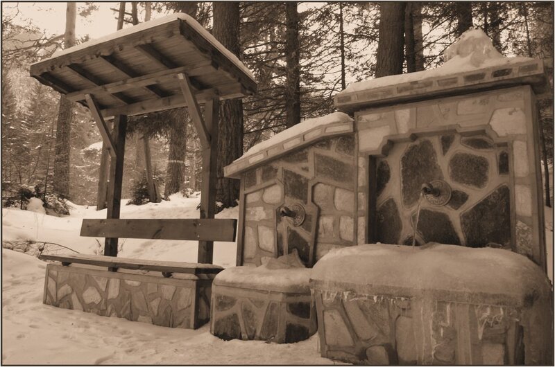 Snowy fountain in forest
