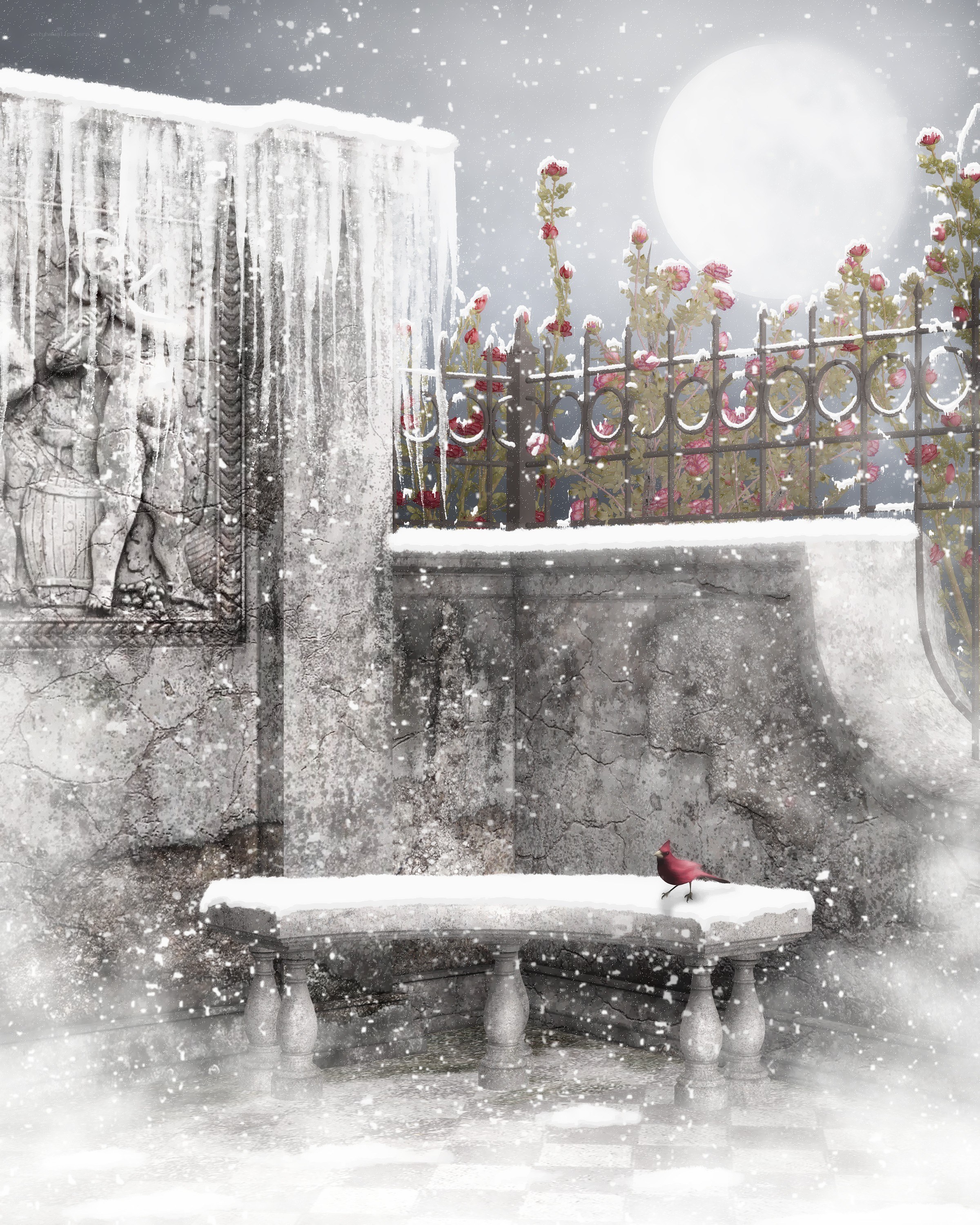 Snowy garden bench scene