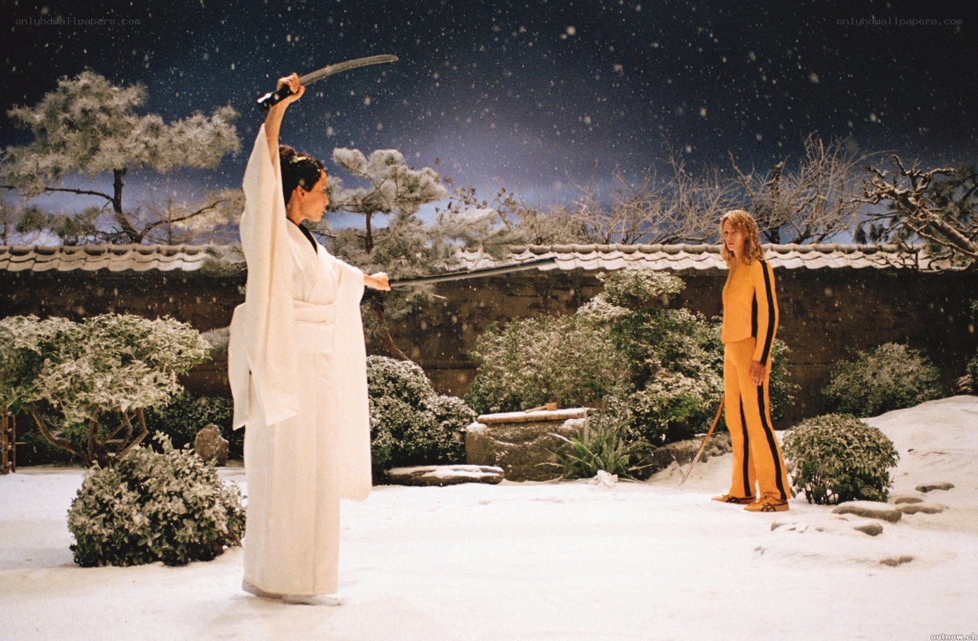 Snowy garden duel scene