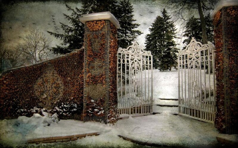 Snowy garden gate entrance