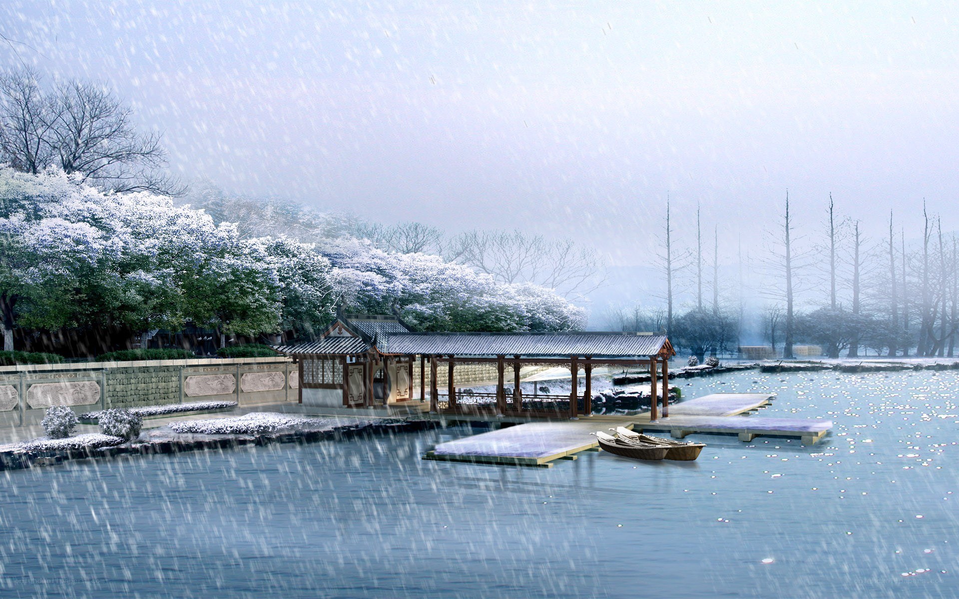 Snowy garden pavilion