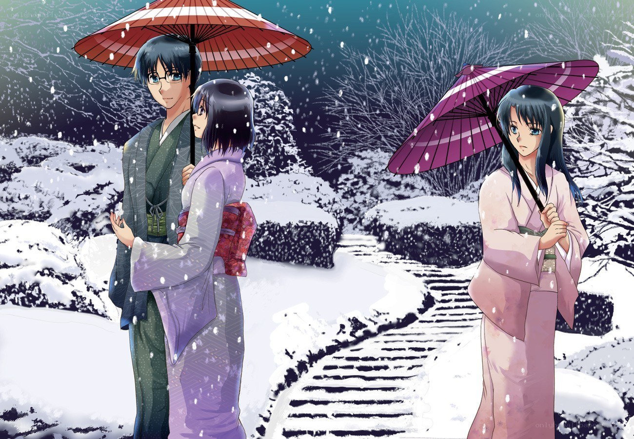 Snowy garden scene with characters