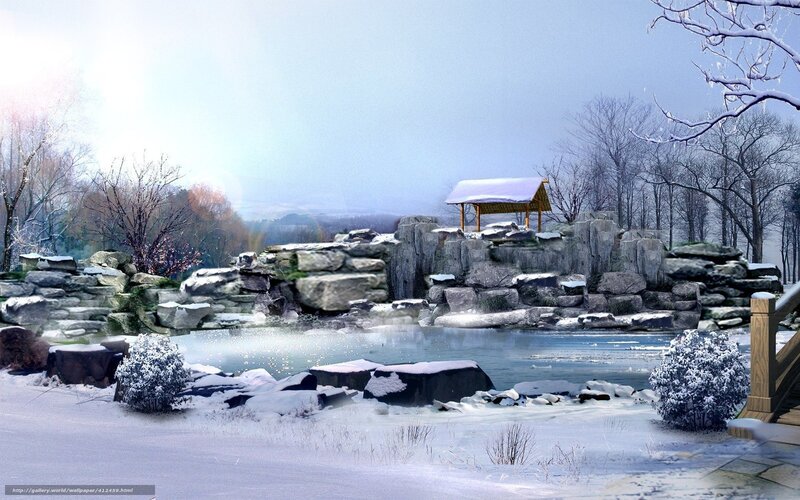 Snowy garden with pond and pavilion